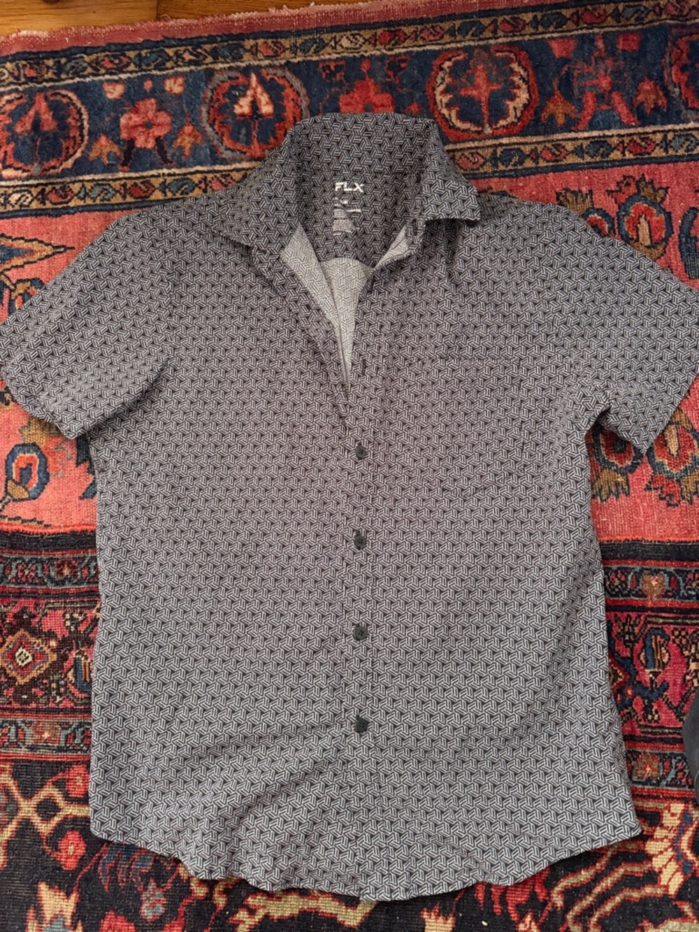 FLX Men's Short Sleeve Casual Button-Down Shirt in Black/Gray Geo